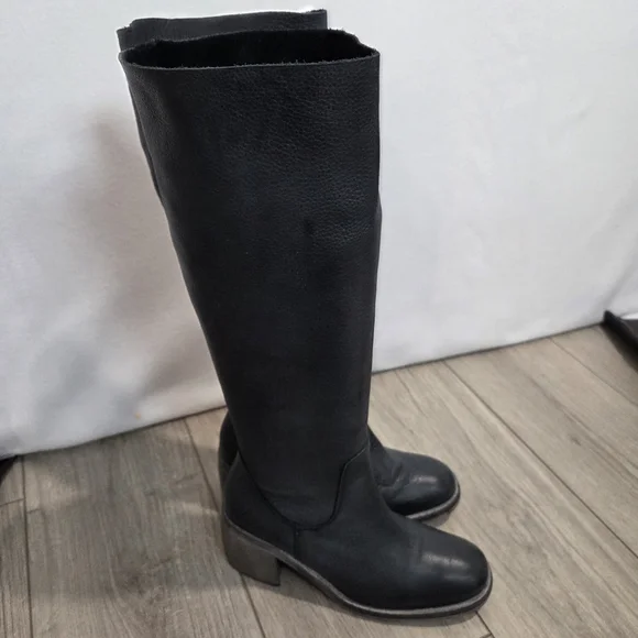 FREE PEOPLE Essential Boots 36 / 6 Washed Out Black Leather Tall Block Heel Boho - Picture 7 of 16